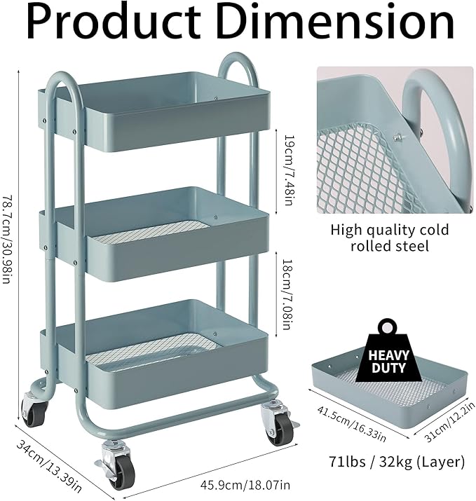 3-Tier Rolling Cart with Wheels,Kitchen Storage Carts or Metal Rolling Utility Cart with Handle,Movable Storage Organizer,Blue Carts for Nursery, Kitchen, Bathroom, Craft Room（13.4"x18.1"x31"）