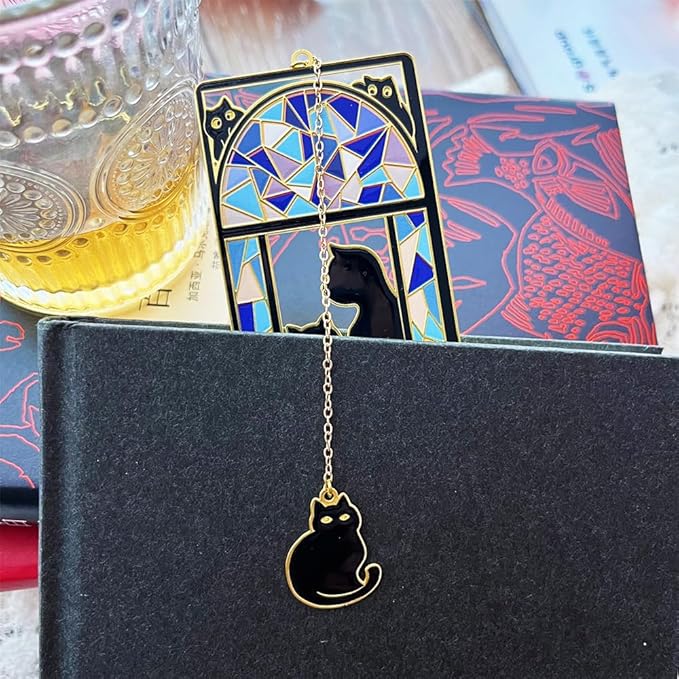 Metal Black Cat Bookmarks with Gift Box, Cat Pendent Book Markers for Book Lovers Bestfriend Cute Birthday Gifts Appreciation Gifts Mothers Day Teacher Student Gifts (Window cat)