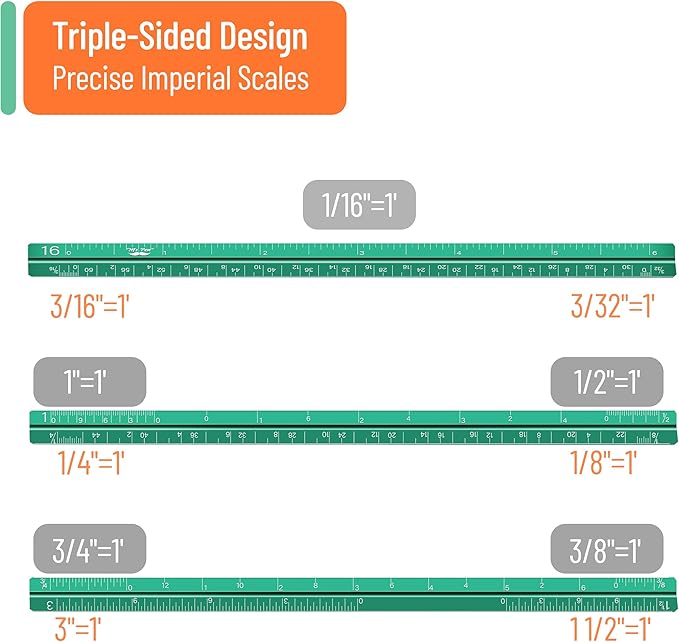 Mr. Pen- Small Architectural Scale Ruler, Aluminium, 6 Inch, 2 Pack, Green and Orange, Pocket Size Ruler, Triangle Ruler, Metal Ruler Set, Architect Scale Ruler for Blueprints