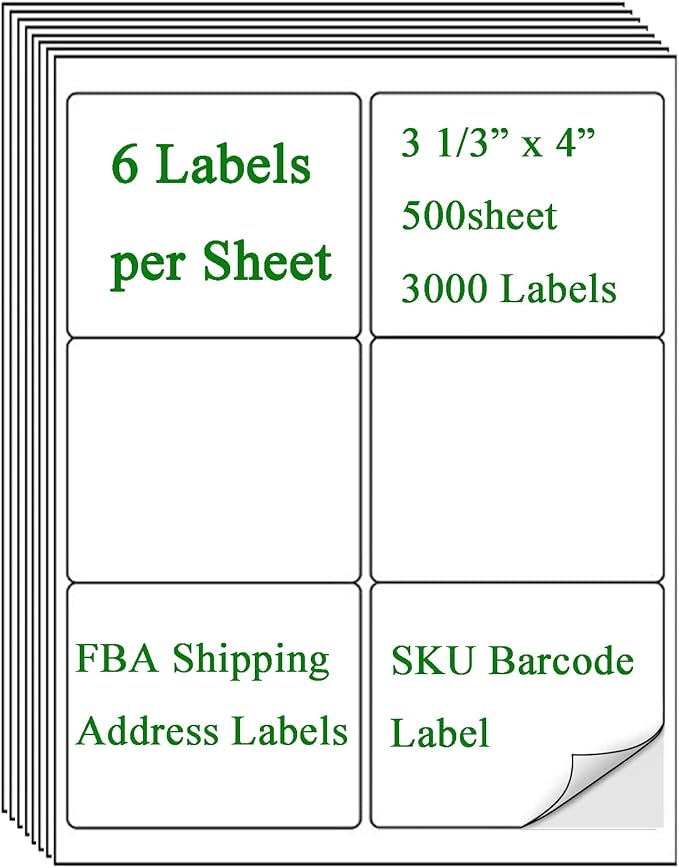 (8164/5164) 6 Up Shipping Address Labels, 3.33" X 4" FBA SKU Barcode Label for Inkjet/Laser Printer (500 Sheet -3000 Labels)