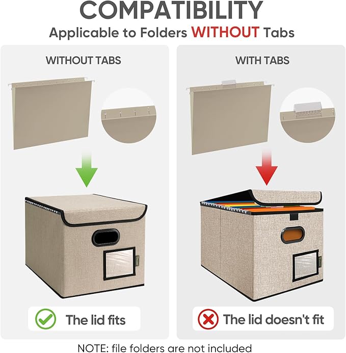 BALEINE File Organizer Box with Lid, Collapsible File Folder Organizer with Plastic Slide, Hanging File Folder Box for Office Document Storage (2 Pack, Beige)