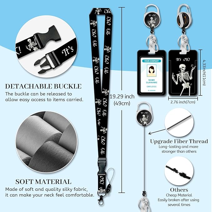 Lanyards for Id Badges, Funny Skeleton Badge Holder with Retractable Reel Clip, Skull Work Name Tags Keychain Lanyard ID Card Protector Cover Case for Women Teacher Nurse Doctor Office