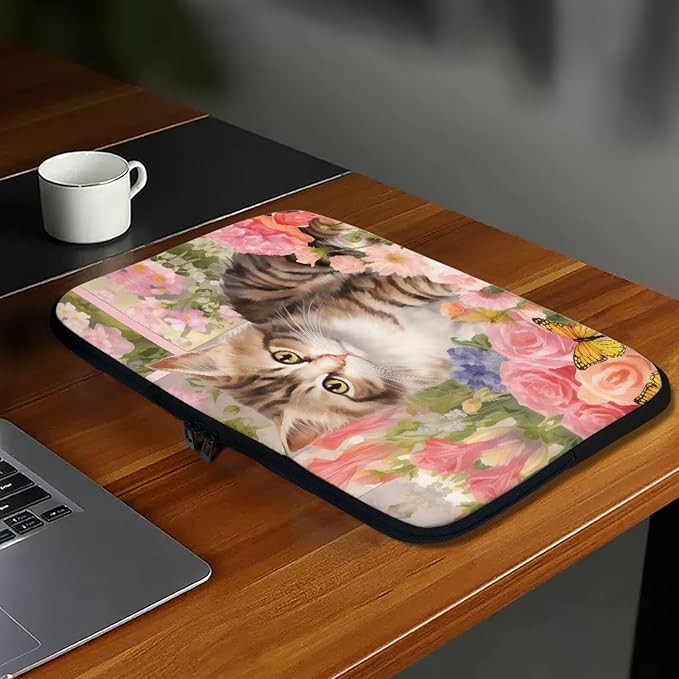 Cat Rose Printed Laptop Bag for Women Men, Lightweight Laptop Briefcase 15 Inch Shockproof Computer Carrying Cover with Zipper, Easy to Carry Laptop Case Bag for Daily Commuting