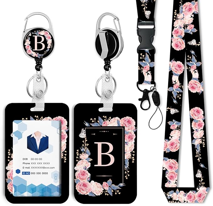 A-Z Badge Holder with Retractable Reel and Breakaway Lanyard Badge Clips Retractable Heavy Duty Badge Reel，Keychain，ID Holder with Breakaway Lanyard for School Nurse Office Teen B