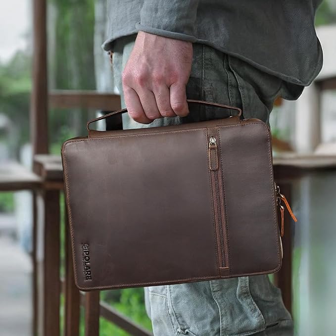 Polare Full Grain Leather Bible Cover Church Bag Bible Protective Book Holder Carrying Case Folder Organizer Portfolio, Dark Brown