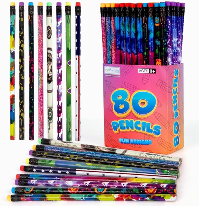 ArtCreativity Wooden Pencils for Kids with Eraser - (80 Count) Fun Assorted Number 2 Pencils, Assorted Designs Fun Pencils School Supplies - Bulk Pencils for Classroom - Great Party Favors