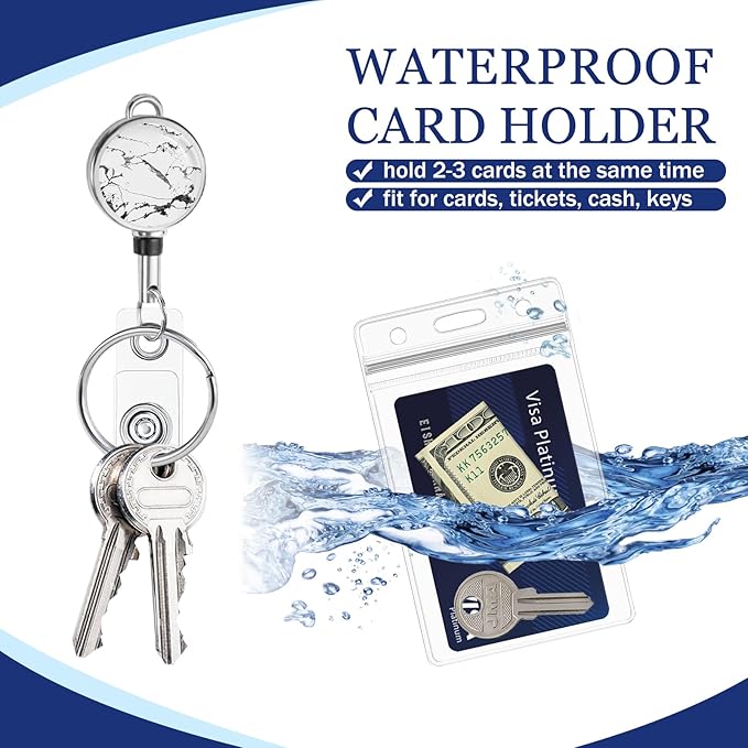 Giancomics Lanyards for Id Badges, Black Marble Lanyards with Retractable Reel, Waterproof ID Badge Holder for Cruise Ships Cards Key, Cute Work Name Tag Zip Card Protector 2 Pack