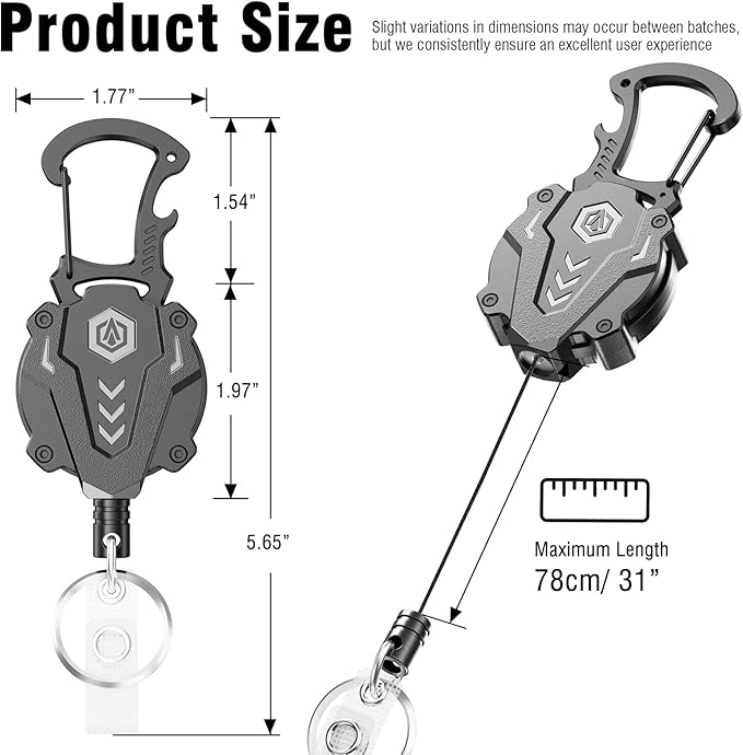 1Pack Heavy Duty Retractable Keychain, Tactical ID Badge Holder Reel Carabiner Clip with Magnetic Closure for Men, Unbreakable Sandwich Construction with 31" Dyneema Cord, Bearing 25oz