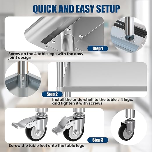 Stainless Steel Table 24 x 48 Inches with 4 Wheels，Metal Prep Table with Backsplash & Adjustable Undershelf for Commercial Kitchen, Outdoor, Restaurant, Hotel & Garage