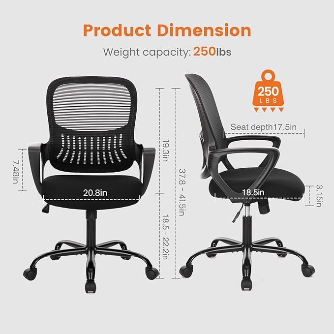 Sweetcrispy Home Office Computer Desk Chair, Ergonomic Managerial Executive Mid-Back Mesh Rolling Work Swivel Chairs with Wheels, Comfortable Lumbar Support, Comfy Arms for Bedroom, Study, Student