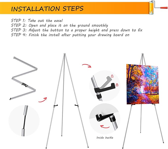 Display Artist Easel Stand - 63" Instant Tripod Collapsible Portable Floor Easel - Easy Folding Adjustable Art Poster Metal Stand for Display Show, Wedding, Painting - Silver