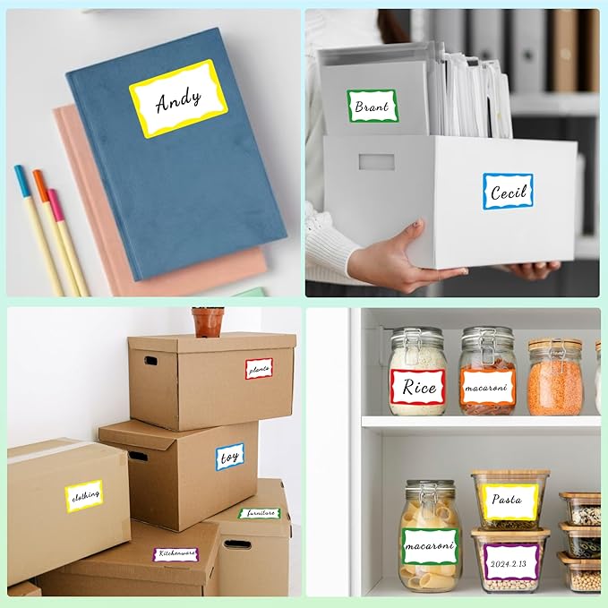 Removable Name Tags, 3 1/2" x 2 1/4", White with Colorful Border, 120 Waterproof Name Badges for Office,School,Classroom and Home