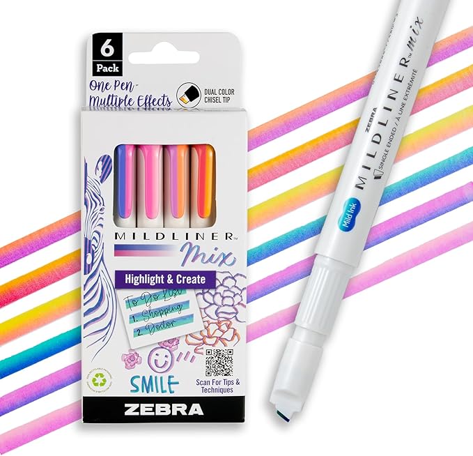Zebra Pen Mildliner Mix Dual Color Highlighter Marker Set, Chisel Tip, Ideal for Bible Highlighting, No Bleed, Assorted Colors, 6-Pack (77706)