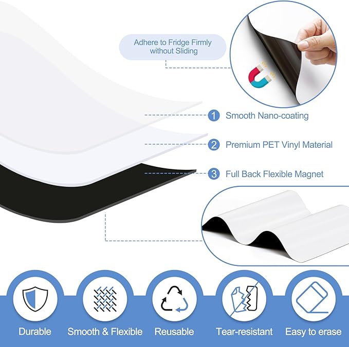 4 PACK Magnetic Dry Erase Board Sheet for Fridge, 12"x8" Erasable Refrigerator WhiteBoard w/ 6 Markers & 1 Eraser- Smooth and Flexible Small Magnet Blank Notepad for Home Kitchen Organizer and Planner