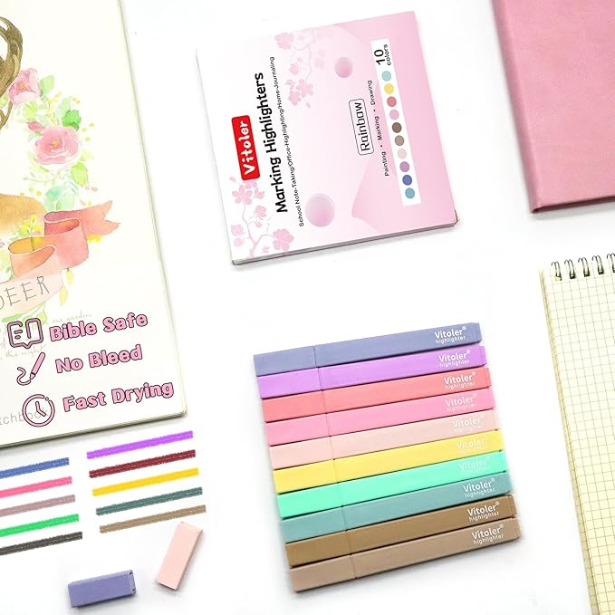 Vitoler 10 Pack Aesthetic Highlighters Soft Chisel Tip Bible Pastel Highlighters Cute Rainbow Color No Bleed Bible Highlighters,Great for Painting,Noting,Marking