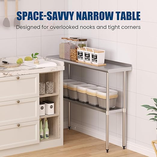 Stainless Steel Table 14 x 48 Inches Metal Prep Table with Backsplash & Adjustable Undershelf for Commercial Kitchen, Outdoor, Restaurant, Hotel & Garage