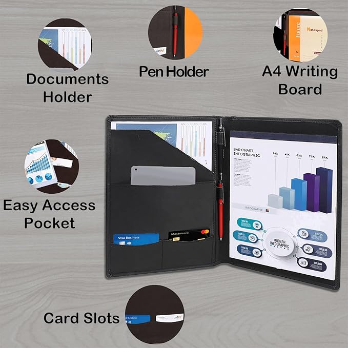 Succor Genuine Leather Business Portfolio Organizer-Professional Padfolio-Leather Binder-Document Holder-Resume Folder-A4 PAD Folio for Men and Women-13”x10”-Black