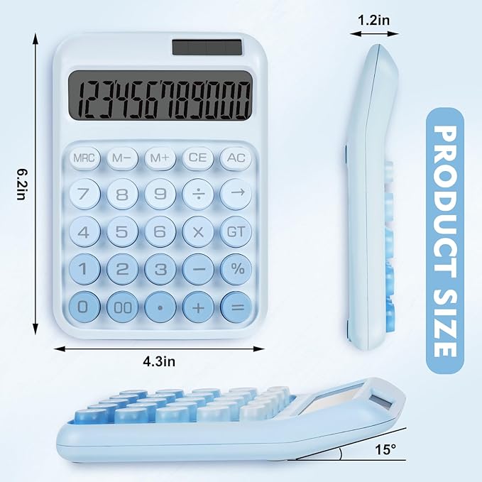 Mechanical Switch Calculator with Big Buttons, Calculators Desktop, 12 Digits, Solar Battery Power, Desk Calculator, Large LCD Display, Cute Blue Calculator for Teachers Students Basic Office