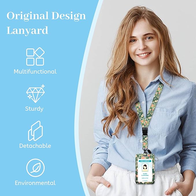 Lanyards for Id Badges, Cat Flower Floral Badge Holder with Retractable Reel Clip, Cute Work Name Tags Keychain Lanyard ID Card Protector Cover Case for Women Teacher Nurse Doctor Office