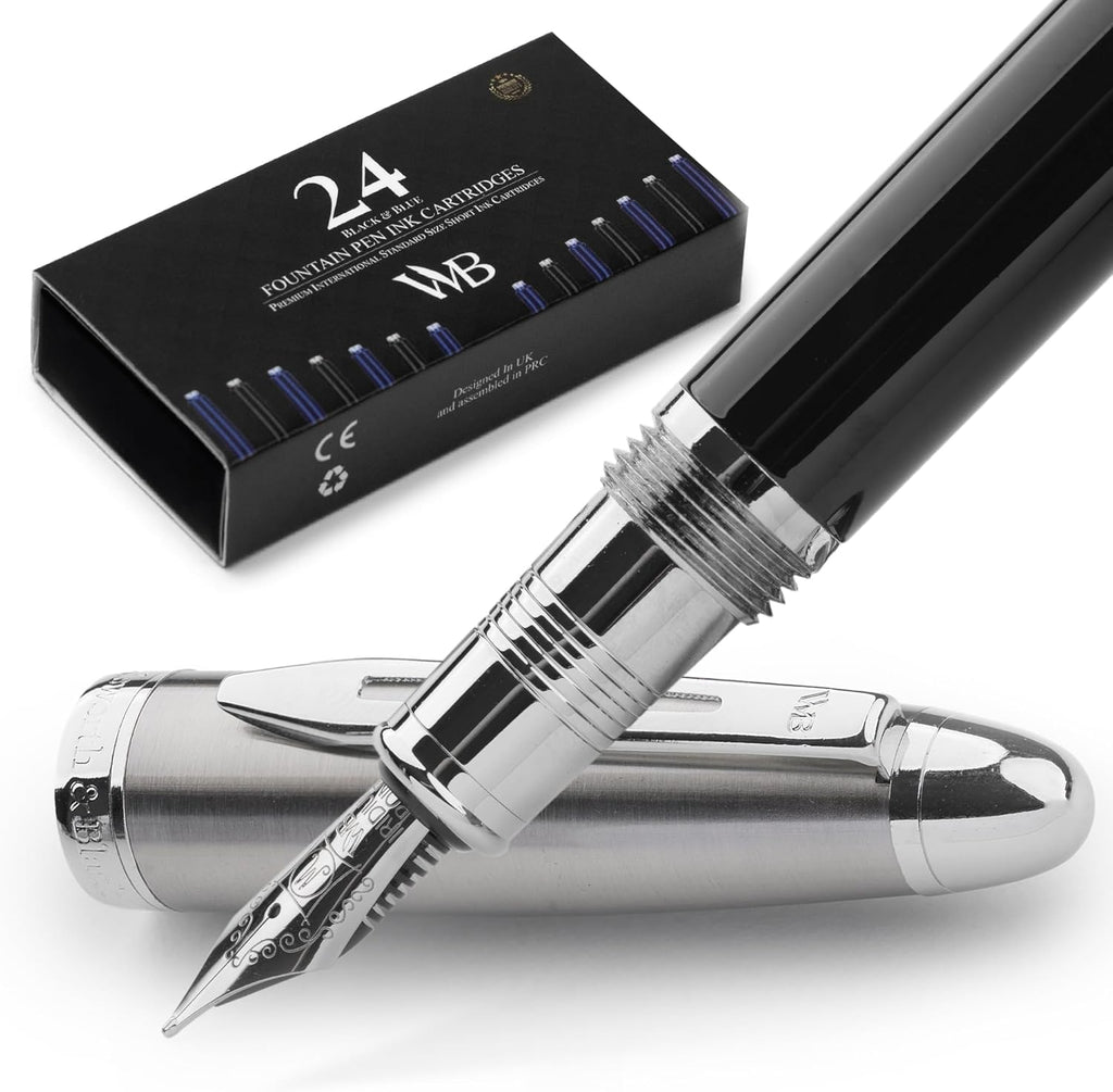 Wordsworth & Black Majesti Fountain Pen-(Black Chrome), Luxury Case, Stainless Steel; Medium Nib- Ink Cartridges, Refillable Ink Converter-Calligraphy Pen-Best Business Gift Set for Men & Women
