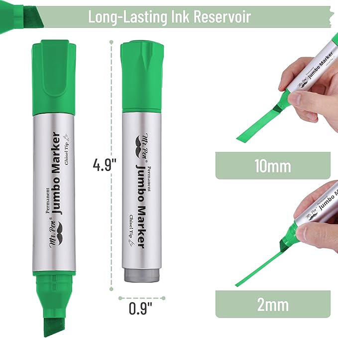 Mr. Pen- Jumbo Permanent Markers, 4 Pack, Green, Chisel Tip, Large, Huge Poster Markers