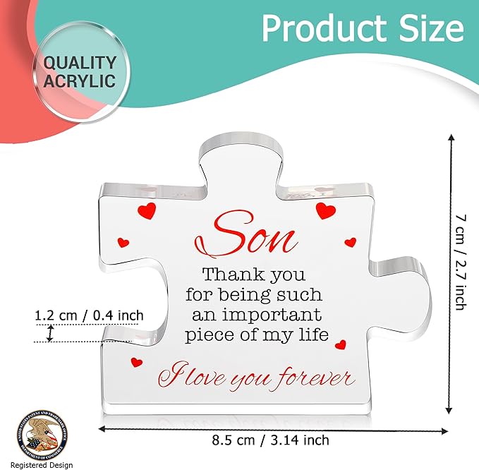 VELENTI Gifts for Son - Engraved Acrylic Block Puzzle Son Gift 3.35 x 2.76 inch - Son Thank You Gift from Mom and Dad - Birthday Mother Son, Father Son Gift - Christmas, Graduation Gift for Men, Boys