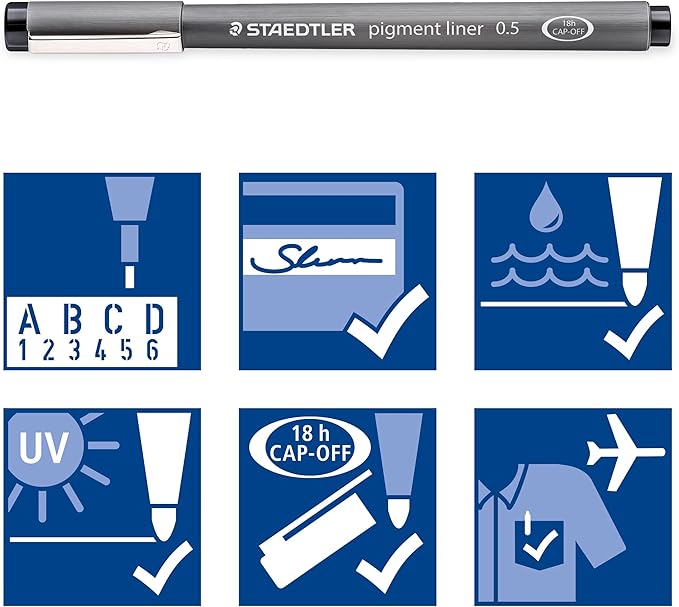 STAEDTLER Pigment Liner Pack, Black, 6 Pens, Assorted Line Widths, 0.05mm, 0.1mm, 0.2mm, 0.3mm, 0.5mm, 0.8mm