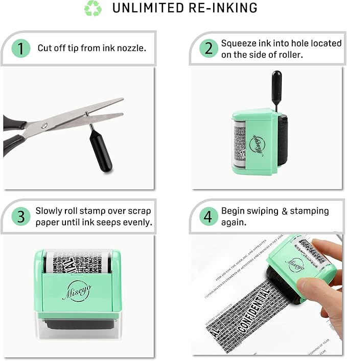 Miseyo Identity Theft Protection Roller Stamp Set - Mint Green (6 Refill Ink Incleded)