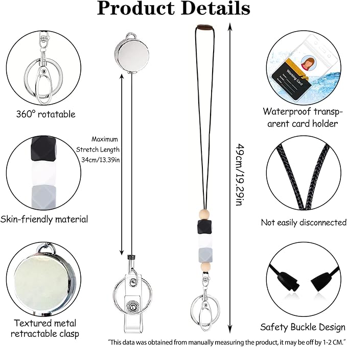 Colorful ID Badge Holder with Silicone Beads Lanyard Set,Cute Teacher Breakaway Lanyard for Keys & Keychain with Cute Retractable Badge Reel Holder,Gift for Women,Nurse, Teacher. (Black White Grey)