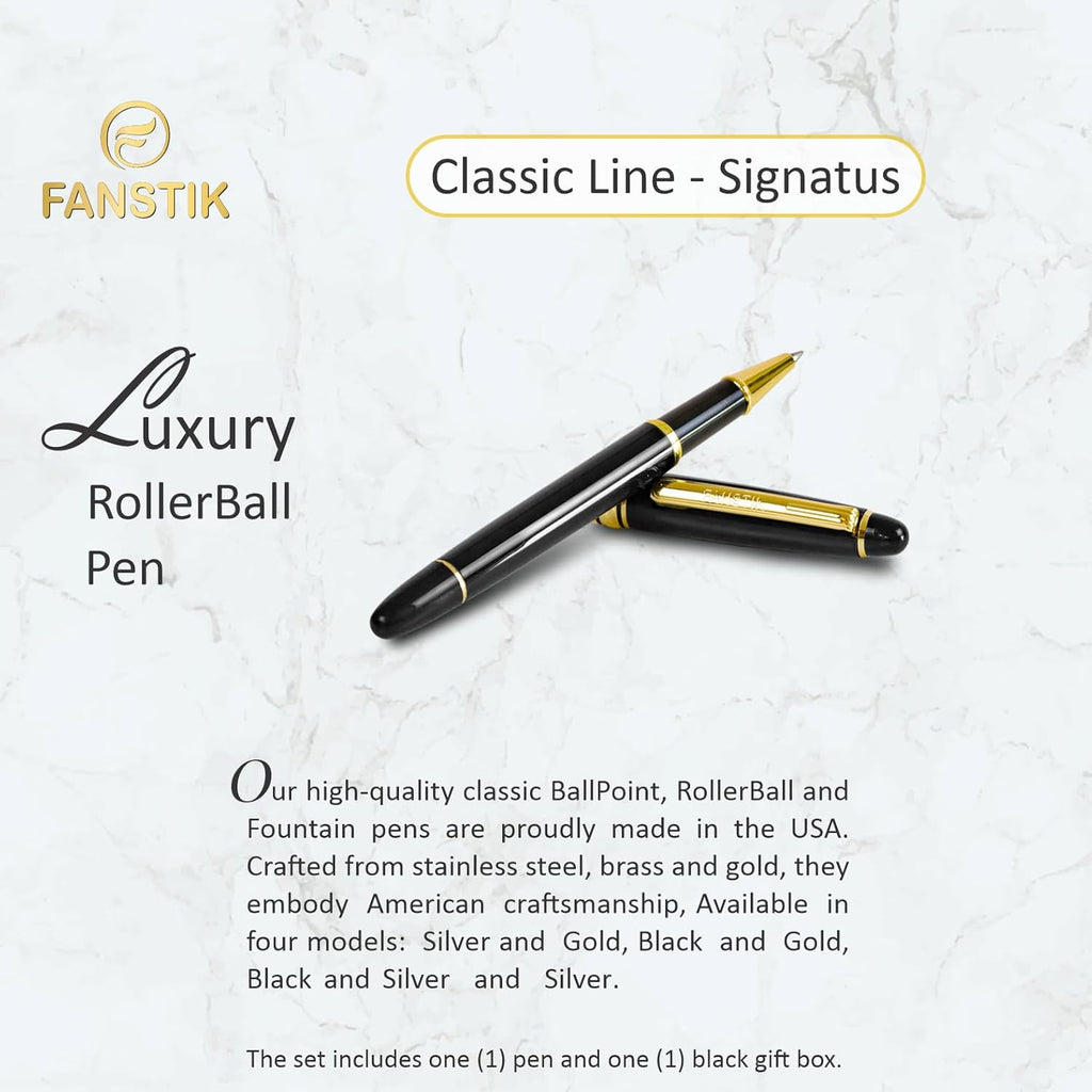 Customized RollerBall pen with name (MADE IN USA), stainless steel, black and gold, luxury engraved pen personalized for men and for women. (RollerBall Black-Gold)