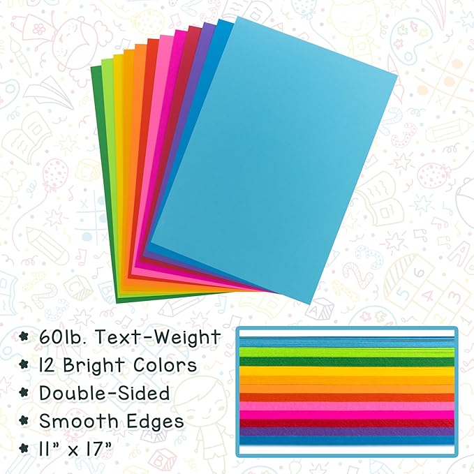 Hygloss Assorted Bright Colored Paper - 24 lb, 89 GSM, Acid-Free, Fade-Resistant, 11x17-Inch Ledger Size Color Copy Paper, 48 Sheets, 12 Colors