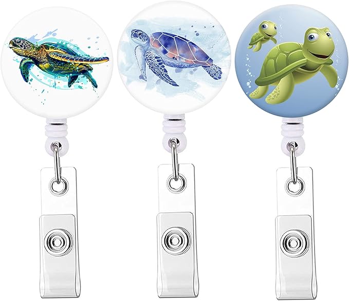 Retractable Badge Reel, Badge Holder with Alligator Clip, Cute Badge Clip on ID Name Card Holders for Nurse Doctor and Office (3Pack Cute Turtle)