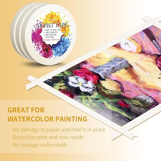 3 Packs White Artist Tape for Watercolor Paper Drafting Art Low Tack Masking Tape Acid Free Painter Watercolor Tape for Painting Canvas Framing, 0.8inch Wide 495FT Long Total