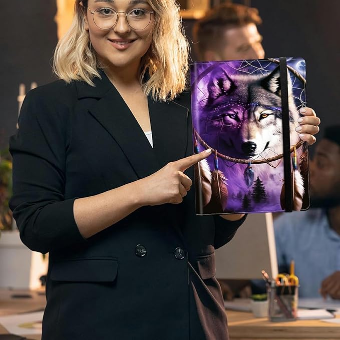 Dream Chasing Wolf PU Leather Padfolio Clipboard Notepad with Pen Loop and Elastic Strap Interview/Resume Document Organizer for Business School Office