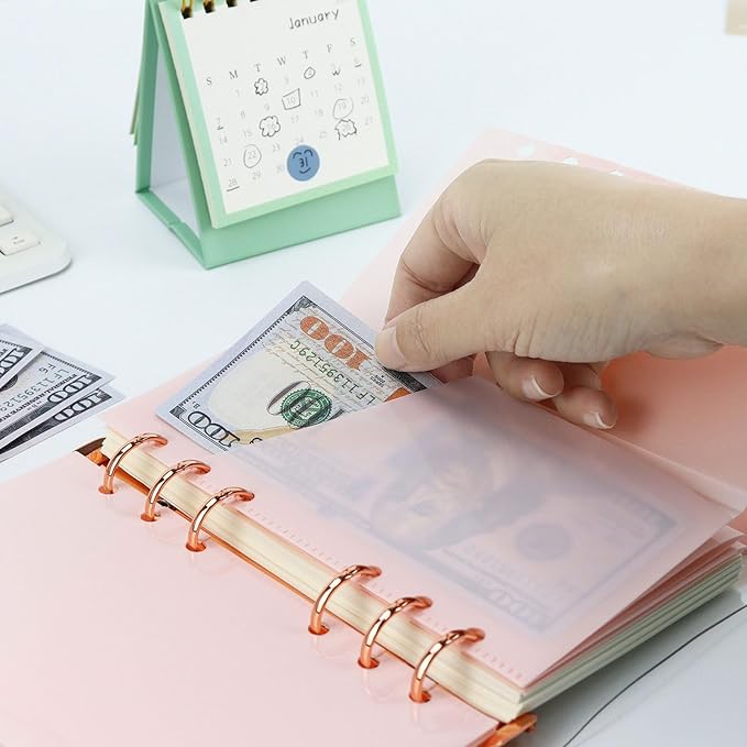 A6 Binder Pockets with No Zipper, Koqye Blue 10 Pcs Plastic Zipless Budget Envelopes, Two Pockets Frosted Cash Envelopes Money Bag for Budgeting, Cash Stuffing (Light Pink - 1 Set)