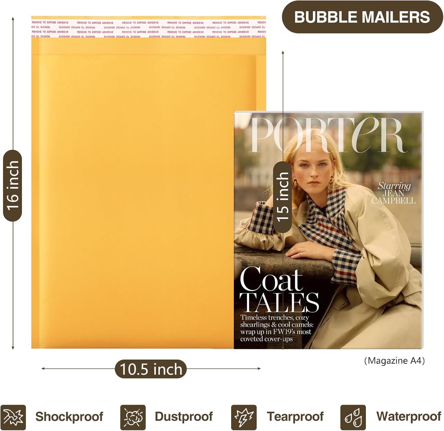 UCGOU Kraft Bubble Mailers 10.5x16 Inch 25 Pack Usable Size 10.5x15 Yellow Padded Envelopes #5 Large Mailing Packages Self Sealing Tear Resistant Boutique Bulk Mail Shipping Bags for Book and More