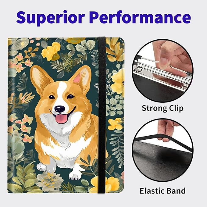 Dog Flower Padfolio Folder with Clipboard,Portfolios Organizer Clipboards with Storage Clipboard Writing Pad PU Leather Conference Document Organizer with Business Card Holder