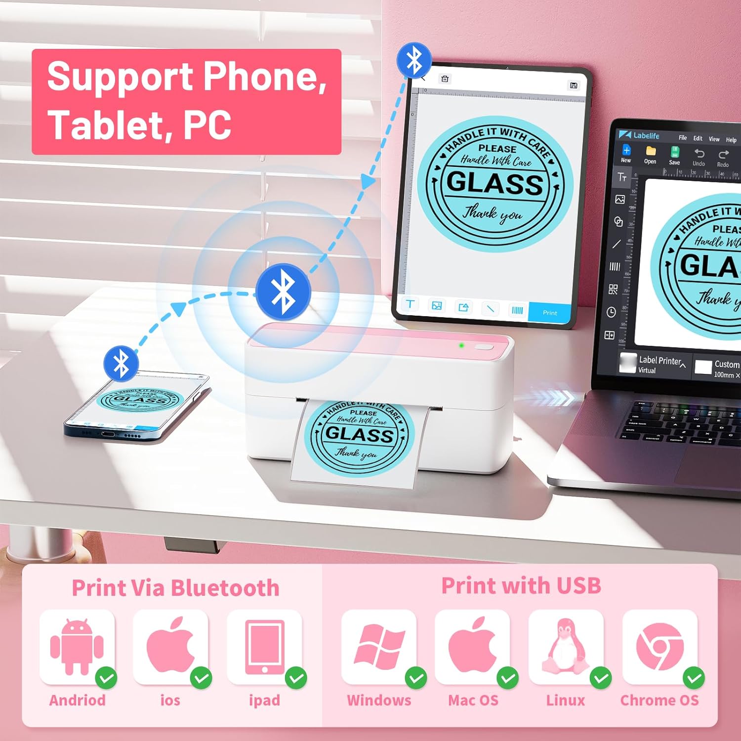 Phomemo Thermal Shipping Label Printer, 241BT Label Printer for Shipping Packages & Small Business, Pink 4x6 Bluetooth Label Printers Compatible with Android iOS Windows, Amazon, Ebay,UPS, Shopify