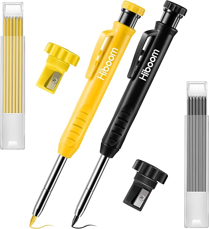 Hiboom 2 Pack Solid Carpenter Pencil with 14 Refill, Long Nosed Deep Hole Mechanical Pencil Marker with Built-in Sharpener for Carpenter Woodworking Architect with Design Patent (Black, Yellow)