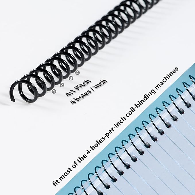 TOTiyea 100 Pack Plastic Spiral Binding Coils, Multi Sizes, 4:1 Pitch, Black, Plastic Binding Spirals (8mm+10mm+12mm+16mm+20mm+25mm, Multi Capacity)