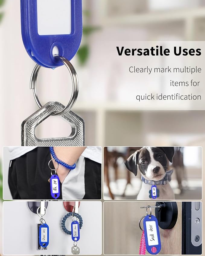 Uniclife 10 Pieces Key Tags 2 Inch Soft Plastic Key Chain Tags with Blank Paper Labels Clear Windows Protective Films and Split Rings Flexible Item Identifiers, Blue