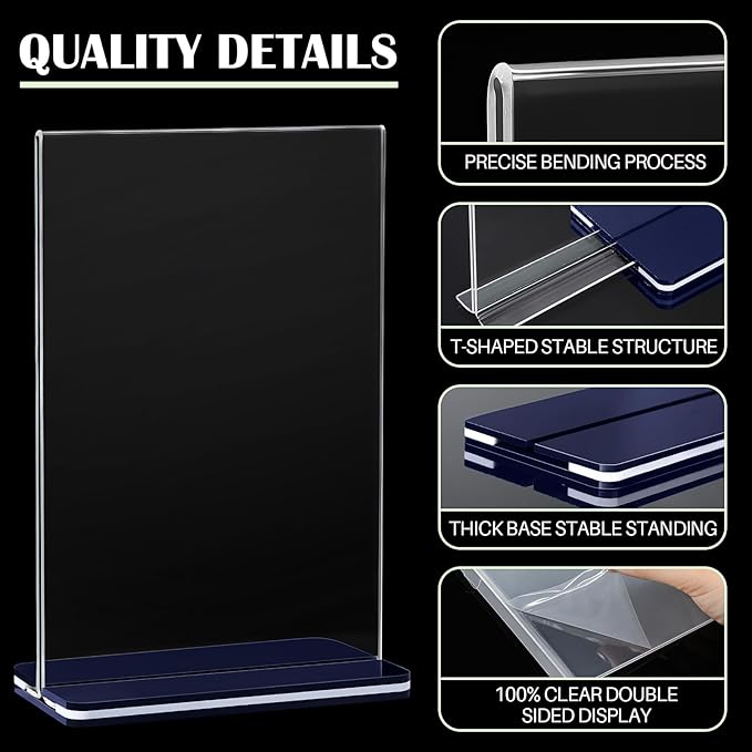 Youyole 24 Pack Acrylic Sign Holder 4 x 6'' Clear Table Sign Holder Double Sided T Shape Plastic Display Holder Menu Stand Business Store Sign Holder for Wedding School Office Hotel Party(Navy Blue)