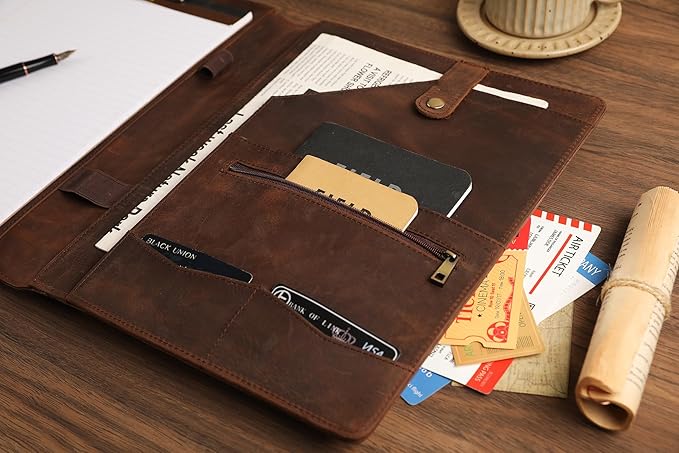 Leather Padfolio for Lefty, Business Portfolio Binder with Clipboard, Legal Pad Portfolio Folder for Men/Women - Khaki