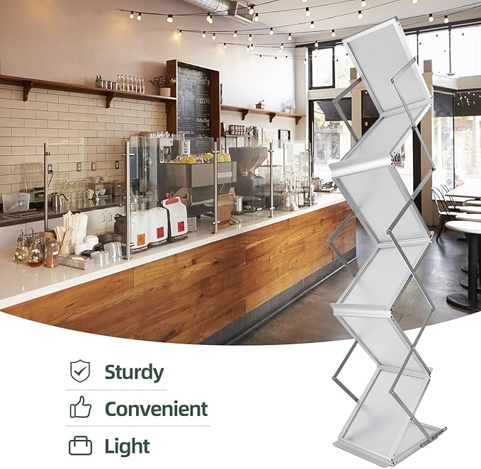 6 Pockets Collapsible Literature Rack for Trade Shows, Metal Floor Standing Literature Stand Catalog Rack Brochure Rack Flyer Holder Pamphlet Holder with Carry Case