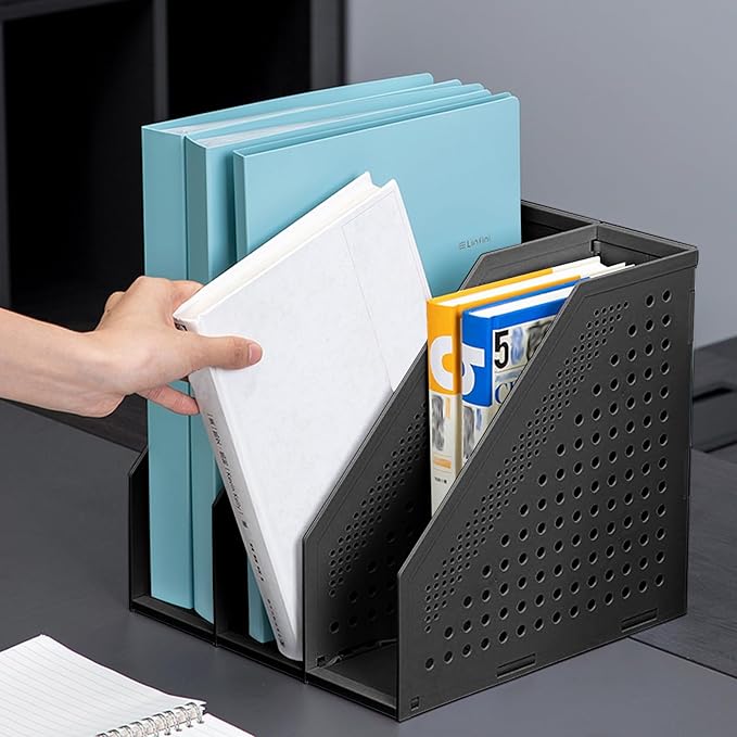 SAYEEC 1Pcs Collapsible Plastic Magazine File Holder Vertical Binder Storage Organizer for Desk Sturdy Upright Desktop Magazine Organizer Folder Rack for Office School Home (3 Compartments, Black)