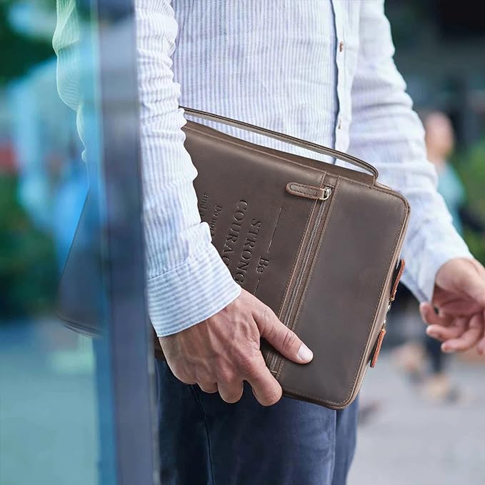 Polare Full Grain Leather Bible Cover Church Bag Bible Protective Book Holder Carrying Case Folder Organizer Portfolio with YKK Zippers, Dark Brown(Strong & Courageous)