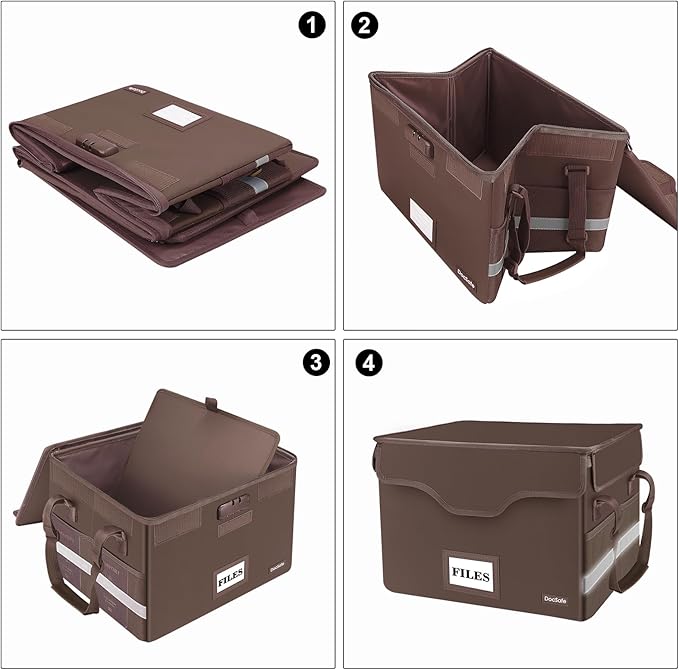 DocSafe File Box Fireproof Document Box with Lock, File Storage Organizer Box with Pockets,Collapsible Portable File Box Home Office File Cabinet with Handle for Hanging Letter/Legal Folder,Brown