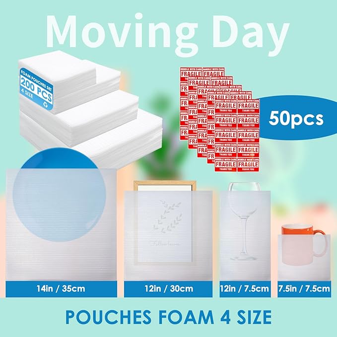 200Pack Cushion Foam Pouches wrap pouches dish packing kit(7.5"x7.5",7.5"x12",12"x12",14"x14") Packing Moving Supplies for Moving Fragile Items for Packing Storage and Shipping with50Fragile Stickers