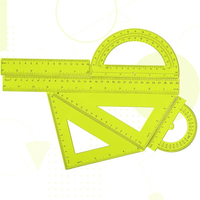 Tenare 6 Pcs Plastic Ruler Math Set Includes 12 Inch 6 Inch Straight Ruler Protractor Triangle Rulers Geometry Transparent Math Ruler Measuring Tools for School Office Home(Yellow)