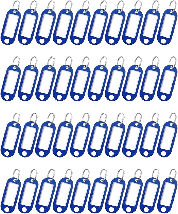Uniclife 40 Pieces Key Tags 2 Inch Soft Plastic Key Chain Tags with Blank Paper Labels Clear Windows Protective Films and Split Rings Flexible Item Identifiers, Blue